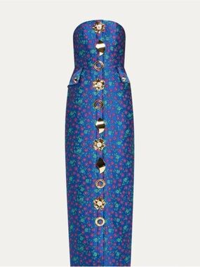 Strapless Blue Floral Midi Dress with Gold Button Accents